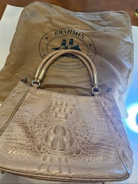 Brahmin Beige Croc-Embossed Leather Satchel vintage
